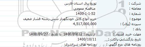 مناقصه خرید انواع کابل خودنگهدار شش رشته فشار ضعیف