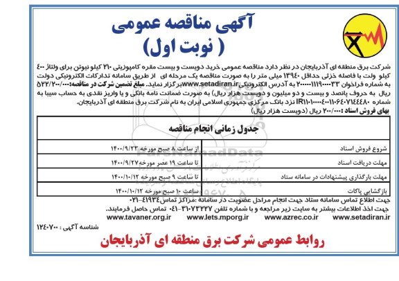 مناقصه خرید دویست و بیست مقره کامپوزیتی 