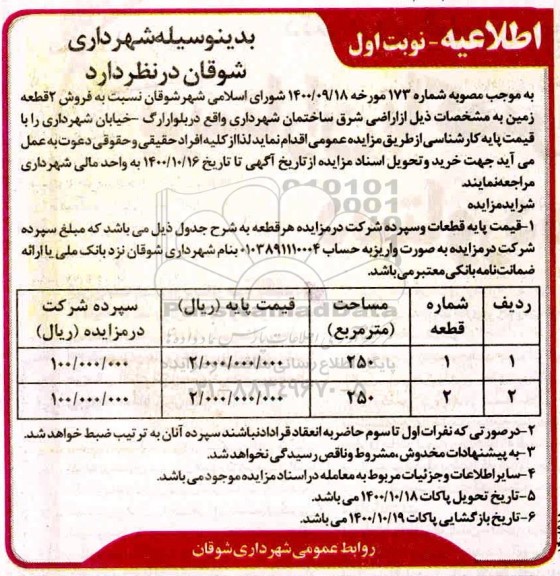مزایده،مزایده فروش دو قطعه زمین 250 مترمربع نوبت اول
