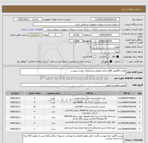 استعلام تعداد 30مورد اقلام اداری مطابق مشخصات لیست پیوست 