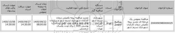 مناقصه عمومی یک مرحله ای تجدید بیمه تکمیلی درمان کارکنان شهرداری نسیم شهر 