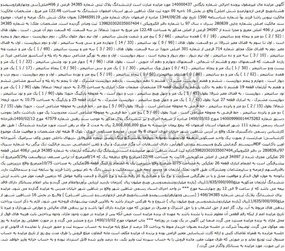 آگهی مزایده ششدانگ پلاک ثبتی شماره 34385 فرعی از 406اصلی