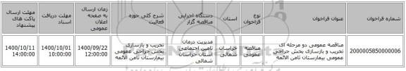 مناقصه عمومی دو مرحله ای تخریب و بازسازی بخش جراحی عمومی بیمارستان ثامن الائمه