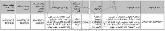 مناقصه عمومی همزمان با ارزیابی (فشرده) یک مرحله ای خرید قطعات یدکی جهت سرویس های دوره ای کوژنراتورهای نیروگاه بیوگاز مدول های 1 الی 4 تصفیه خانه فاضلاب جنوب