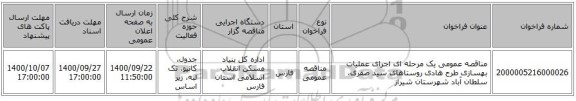 مناقصه عمومی یک مرحله ای اجرای عملیات بهسازی طرح هادی روستاهای سید صفری، سلطان آباد شهرستان شیراز