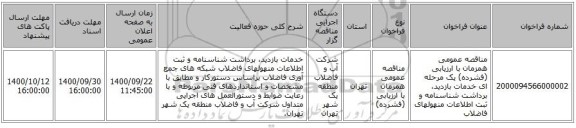 مناقصه عمومی همزمان با ارزیابی (فشرده) یک مرحله ای خدمات بازدید، برداشت شناسنامه و ثبت اطلاعات منهولهای فاضلاب 