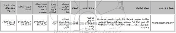 مناقصه عمومی همزمان با ارزیابی (فشرده) دو مرحله ای خرید انواع پایه سیمانی چهارگوش جهت مدیریت توزیع برق شهرستانهای آباده،اقلید، بوانات، سرچهان و خرمبید