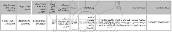 مناقصه عمومی همزمان با ارزیابی (فشرده) دو مرحله ای خرید انواع پایه سیمانی چهارگوش جهت مدیریت توزیع برق شهرستانهای قیروکارزین و خنج 