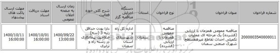 مناقصه عمومی همزمان با ارزیابی (فشرده) یک مرحله ای عملیات تکمیلی احداث تقاطع غیرهمسطح شهرک صنعتی سمنان