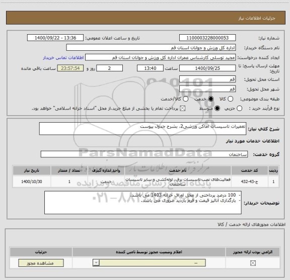 استعلام تعمیرات تاسیسات اماکن ورزشی2، بشرح جدول پیوست