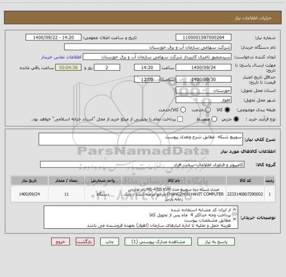 استعلام سوییچ شبکه  مطابق شرح وتعداد پیوست