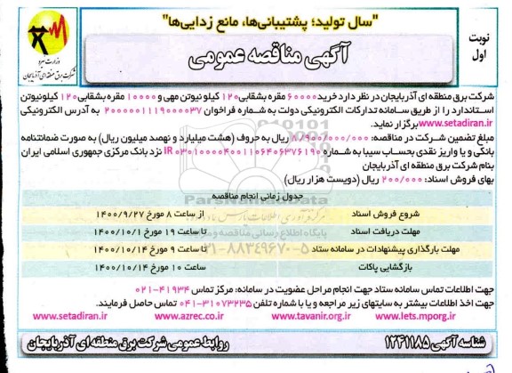 مناقصه خرید 60000مقره بشقابی 120 کیلو نیوتن و ...
