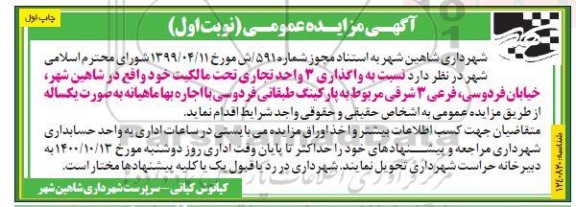 مزایده واگذاری 3 واحد تجاری