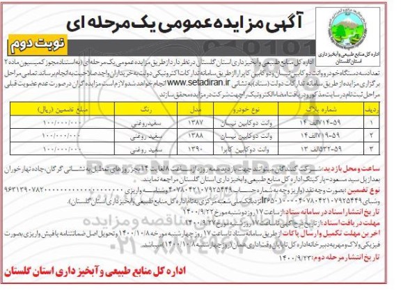 مزایده، مزایده فروش تعداد سه دستگاه خودرو وانت دو کابین نیسان و دو کابین کاپرا - نوبت دوم