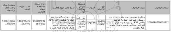مناقصه عمومی دو مرحله ای خرید دو دستگاه چیلر هوا خنک به ظرفیت واقعی 450 تن تبرید جهت مرکز آموزشی درمانی شهید چمران وانجام کلیه تعهدات 