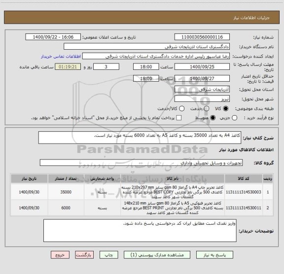 استعلام کاغذ A4 به تعداد 35000 بسته و کاغذ A5 به تعداد 6000 بسته مورد نیاز است.