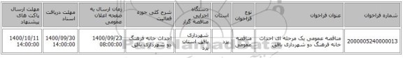 مناقصه عمومی یک مرحله ای احداث خانه فرهنگ دو شهرداری بافق