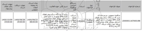 مناقصه عمومی دو مرحله ای خرید 9 دستگاه سکسیونر هوای گازی SF6 موتوردار با تابلو کامل (شامل پروتکل های مخابراتی، بردها، پورت های شبکه، CT و PT رله و RTU