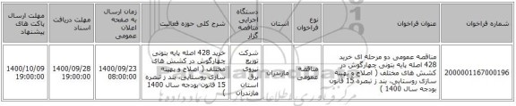 مناقصه عمومی دو مرحله ای خرید 428 اصله پایه بتونی چهارگوش در کشش های مختلف ( اصلاح و بهینه سازی روستایی، بند ز تبصره 15  قانون بودجه سال 1400 )