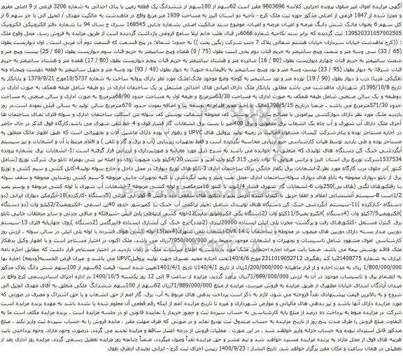 آگهی مزایده 62سهم از 100سهم از ششدانگ یک قطعه زمین و غیره ...