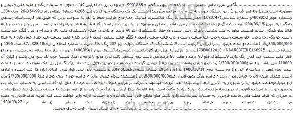 آگهی مزایده ششدانگ یک دستگاه سواری پژو تیپ 206