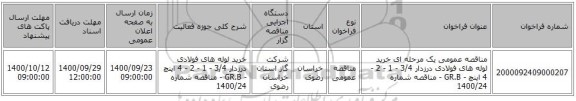 مناقصه عمومی یک مرحله ای خرید لوله های فولادی درزدار 3/4 - 1 - 2 - 4 اینچ - GR.B - مناقصه شماره 1400/24