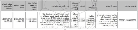 مناقصه عمومی همزمان با ارزیابی (فشرده) یک مرحله ای خرید، حمل، بارگیری و باراندازی لوله داکتیل یکسر تایتون یکسر اسپیکات و متعلقات