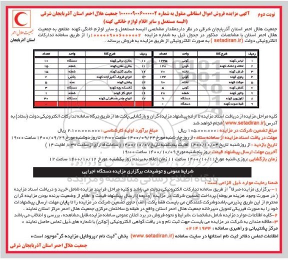 مزایده فروش اموال اسقاطی منقول ... - نوبت دوم