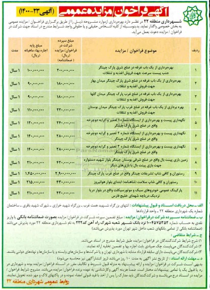 مزایده، فراخوان مزایده عمومی بهره برداری از یک باب غرفه...