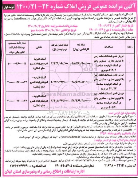 مزایده مزایده فروش املاک کاربری تجاری و مسکونی