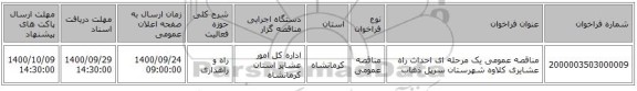 مناقصه عمومی یک مرحله ای احداث راه عشایری کلاوه شهرستان سرپل ذهاب