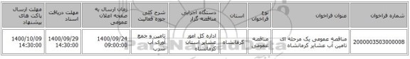 مناقصه عمومی یک مرحله ای تامین آب عشایر کرمانشاه