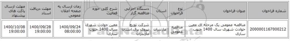 مناقصه عمومی یک مرحله ای معین حوادث شهری سال 1400	جنوب ساری