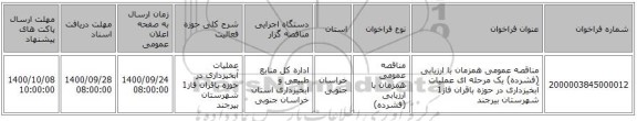 مناقصه عمومی همزمان با ارزیابی (فشرده) یک مرحله ای عملیات آبخیزداری در حوزه باقران فاز1 شهرستان بیرجند