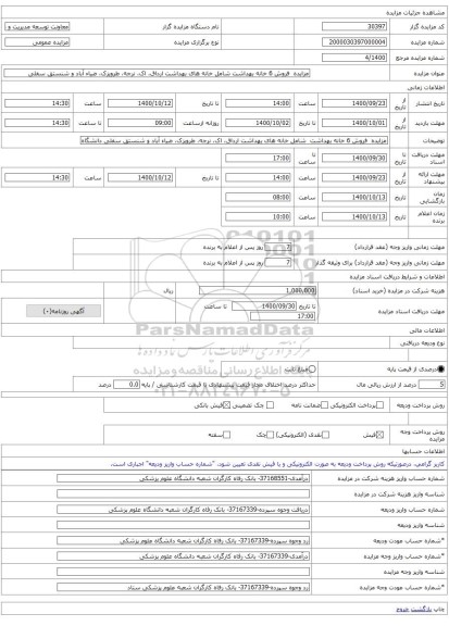 مزایده فروش 6 خانه بهداشت شامل خانه های بهداشت ارداق، اک، نرجه، طرویزک، ضیاء آباد و شنستق سفلی