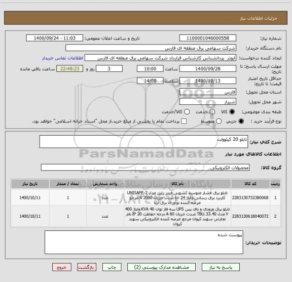 استعلام تابلو 20 کیلوولت