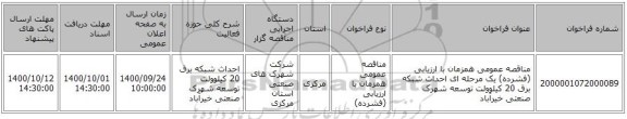 مناقصه عمومی همزمان با ارزیابی (فشرده) یک مرحله ای احداث شبکه برق 20 کیلوولت توسعه شهرک صنعتی خیرآباد