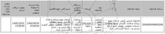 فراخوان ارزیابی کیفی خدمات بهره برداری و امداد ،گازبانی وصول مطالبات ،خدمات عمومی ،تعویض کنتور و رفع نشتی و... ناحیه گازرسانی تایباد