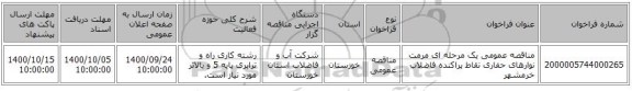مناقصه عمومی یک مرحله ای مرمت نوارهای حفاری نقاط پراکنده فاضلاب خرمشهر
