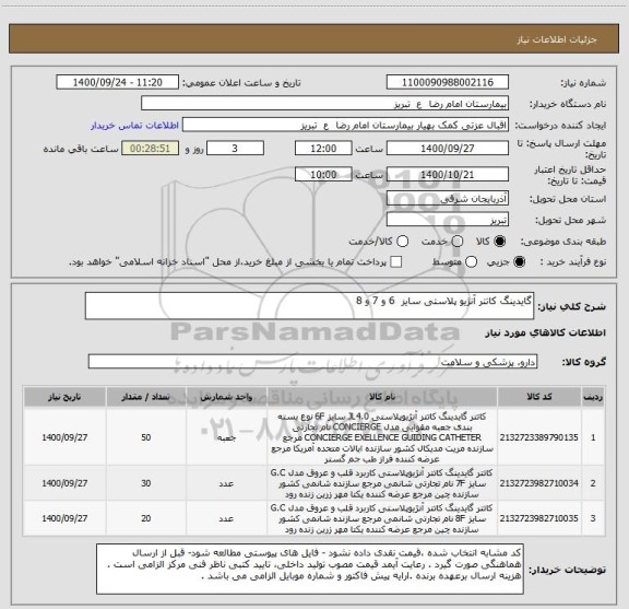 استعلام گایدینگ کاتتر آنژیو پلاستی سایز  6 و 7 و 8 