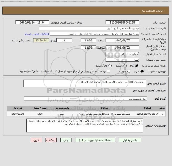 استعلام درخواست 1000عدد لامپ  اف پی ال 18وات از تولیدات داخل