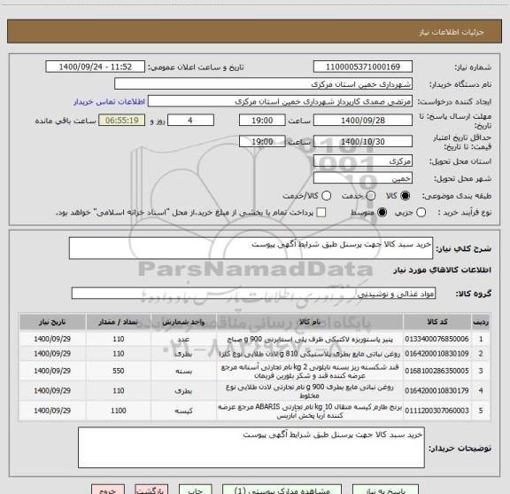 استعلام خرید سبد کالا جهت پرسنل طبق شرایط آگهی پیوست