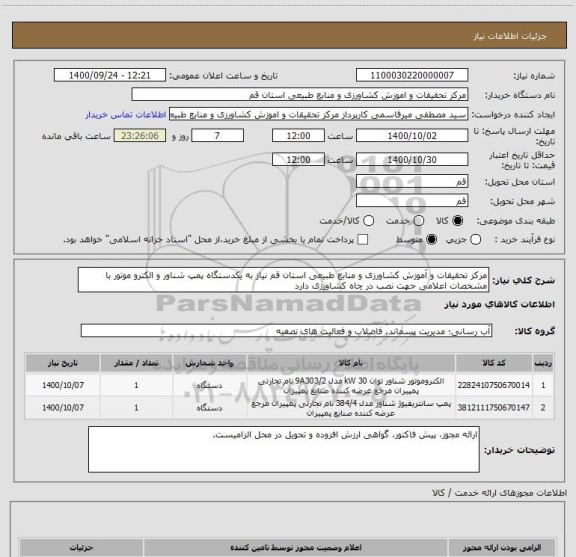 استعلام مرکز تحقیقات و آموزش کشاورزی و منابع طبیعی استان قم نیاز به یکدستگاه پمپ شناور و الکترو موتور با مشخصات اعلامی جهت نصب در چاه کشاورزی دارد