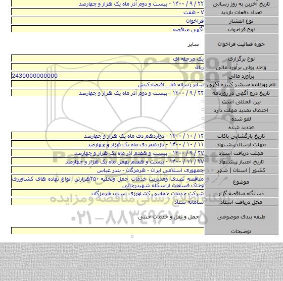 مناقصه تصدی ومدیریت خدمات حمل وتخلیه ۲۵۰هزارتن انواع نهاده های کشاورزی وخاک فسفات ازاسکله شهیدرجائی
