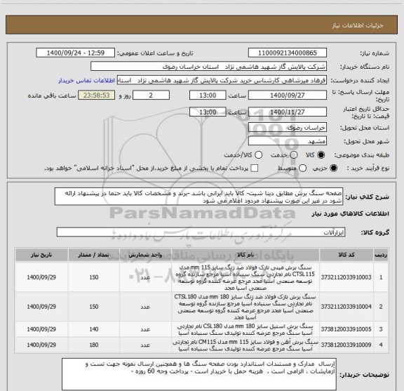 استعلام صفحه سنگ برش مطابق دیتا شیت- کالا باید ایرانی باشد -برند و مشخصات کالا باید حتما در پیشنهاد ارائه شود در غیر این صورت پیشنهاد مردود اعلام می شود