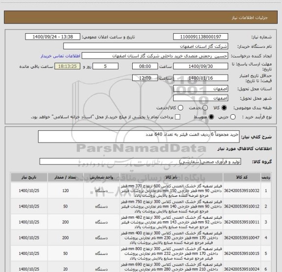 استعلام خرید مجموعاً 6 ردیف المنت فیلتر به تعداد 640 عدد