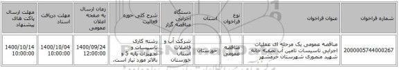 مناقصه عمومی یک مرحله ای عملیات اجرایی تاسیسات تامین آب تصفیه خانه شهید منصوری شهرستان خرمشهر