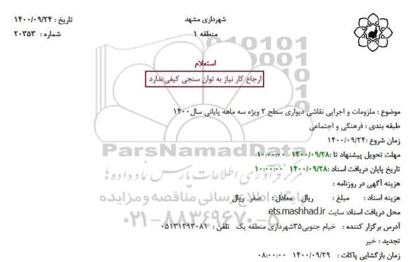 استعلام ملزومات و اجرایی نقاشی دیواری سطح 2 