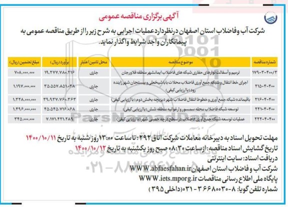 مناقصه ترمیم و آسفالت نوارهای حفاری شبکه های فاضلاب و...