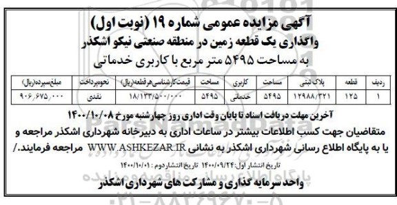 مزایده واگذاری یک قطعه زمین به مساحت 5495